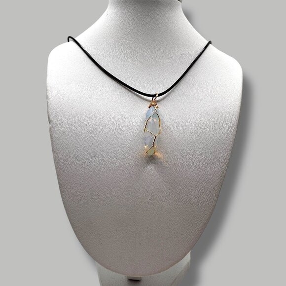 Opalite Crystal Pendant Necklace Black Cord Golden Wire Wrap Calming Soothing - Picture 1 of 9